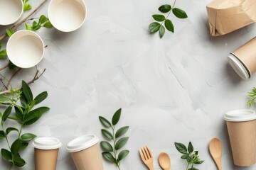 Wall Mural - A table with paper cups and wooden spoons, suitable for food and beverage concepts