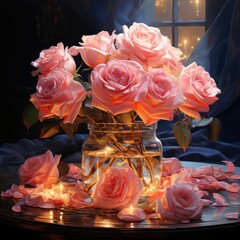 Canvas Print - Bouquet of pink roses in a glass vase on the table