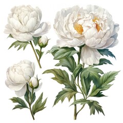 Wall Mural - Cluster of white flowers peony with green leaves