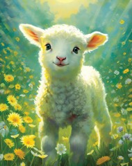 Wall Mural - Little Lamb Standing in Field of Flowers