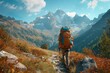 Minimalist hiking, lone backpack, mountain path, clear skies, peaceful journey