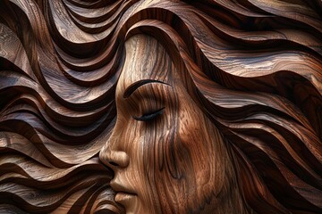 Wall Mural - A photorealistic image showcasing the face of a woman emerging from the natural grain of walnut wood. The texture of the wood.