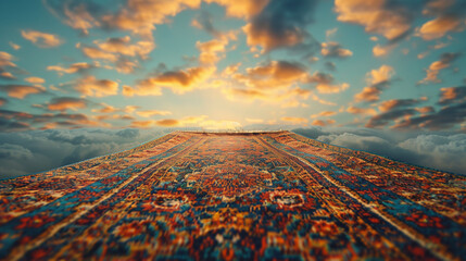 Canvas Print - A vibrant Persian carpet extending into the sky at sunset, surrounded by dramatic clouds.