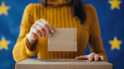 a woman in a yellow sweater voting by placing a ballot in a box, with a blue background adorned with