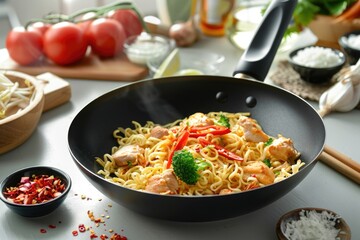 Poster - A delicious pan of noodles with meat and vegetables. Perfect for food blogs or restaurant menus