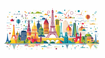 Colorful illustration of famous world landmarks including the Eiffel Tower, Statue of Liberty, and the Kremlin, depicted in a vibrant, abstract style. Paris 2024