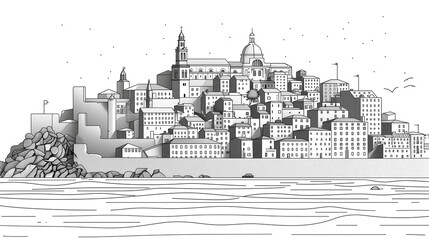 Wall Mural - Black and white illustration of a coastal cityscape with detailed buildings, domed structures, and a calm sea in the foreground. Marseille coast