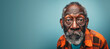 Funny looking older African man, staring into camera. Wide angle studio photo banner copy space on side. Generative AI