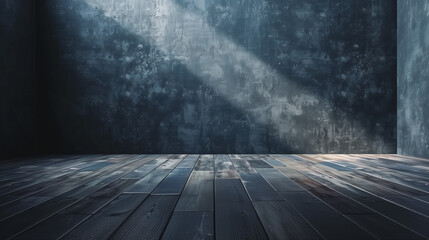Wall Mural - Dark empty room with textured walls and wooden floor illuminated by a soft light beam.