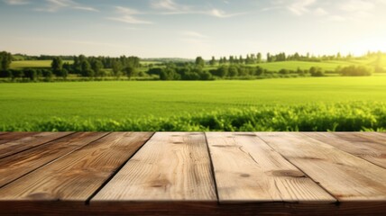 Wall Mural - The empty wooden brown table top with blur background of farmland and blue sky. Exuberant image. generative ai