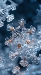 Wall Mural - A close up of a snowflake with a clear blue background