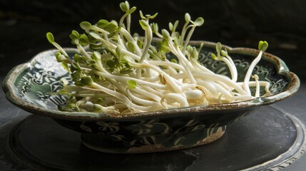 Wall Mural - Bean sprouts displayed on a ceramic plate Bean sprouts are early stage plants that have recently emerged from the seed embryo of green beans a process known as germination