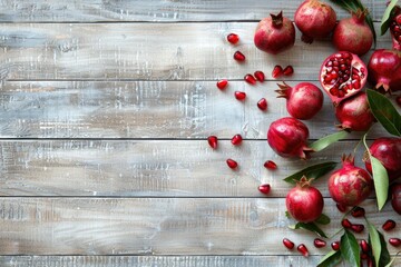 Canvas Print - Fresh pomegranates displayed on a rustic wooden table, perfect for food and nutrition concepts