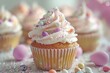 Delicious cupcake with white frosting and colorful sprinkles. Perfect for bakery and dessert concepts