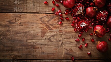 Wall Mural - Fresh pomegranates displayed on rustic wooden surface. Ideal for food and healthy eating concepts