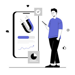 Wall Mural - Mobile marketing web concept. Man blogger making advertising content, using viral content and attracting subscribers with magnet. Vector illustration with line people for web design.