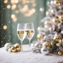 Sticker - glasses with champagne, christmas decor and decorations on blurred background glasses background