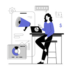 Wall Mural - Mobile marketing concept. Advertising content creation, blog promotional materials. Vector illustration with line people for web design.
