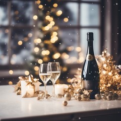 Canvas Print - champagne bottle with glass and gift box on table in background. christmas new year concept champagne concept