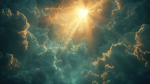 A Cinematic Shot Of The Sunset In Heaven, With Clouds And Sun Rays Shining Through Them. Created With Ai