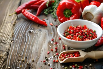 Canvas Print - Fresh red peppers in white bowl on rustic wooden table, perfect for food blogs or cooking websites