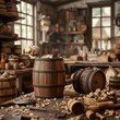 Traditional cooper crafting wooden barrels, detailed woodworking, workshop scene