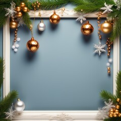 Canvas Print - frame of christmas tree with balls and decorations on a blue background.