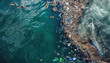 Various rubbish and garbage, mostly plastic floating on sea surface. View from above. Ocean great garbage patch concept. Generative AI