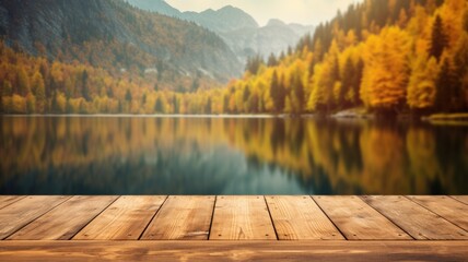 Wall Mural - The empty wooden table top with blur background of lake and mountain in autumn. Exuberant image. generative ai