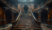  A Detailed Photo Of An Abandoned Mansion's Grand Staircase, With Worn Wooden Railings And Cracked Walls. Created With Ai