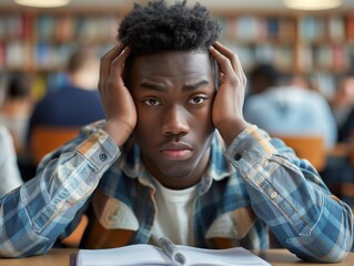 A young man with a plaid shirt is sitting at a desk with his head in his hands. He is stressed or upset