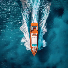 Wall Mural - A boat is floating on the water with a blue sky in the background. Aerial view of the boat in the sea.