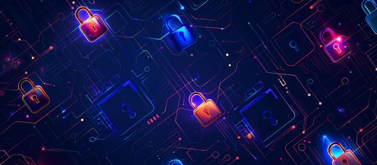 Wall Mural - A dark blue background with digital padlock patterns and colorful lights, representing the concept of cyber security in data protection technology Generative AI