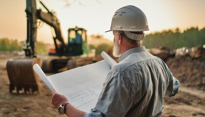 worker or engineer with a white helmet with a plan on a construction site in the background