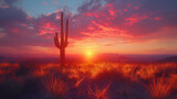 Fototapeta Sypialnia - 4. Golden Hour Glow: Bathed in the warm glow of the setting sun, a solitary saguaro cactus stands tall against a backdrop of fiery orange and pink skies, its silhouette casting str