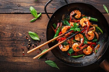 Poster - A delicious wok dish of shrimp and vegetables, perfect for food blogs or restaurant menus