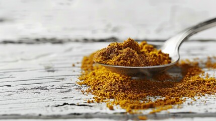 A spoon full of powder on a wooden table, versatile image for various projects