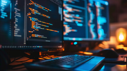 A computer monitor displays a lot of code on the screen. The computer is set up to display multiple monitors, which allows the user to work on multiple projects at once.