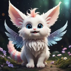 Poster - cute little kitten with wings and feather. digital illustration. painting. high quality illustration cute illustration