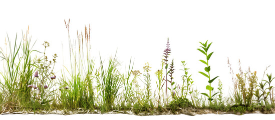 Gradient of grass heights ranging from low-growing thyme to tall feather reed grass, showcasing ecological succession, isolated on transparent background