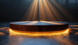  A circular stage with light shining down from the top, surrounded by dark space, with a round wood grain platform in front of it. Created with Ai