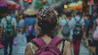 Low poly a woman wearing a pink backpack is standing in a crowded street