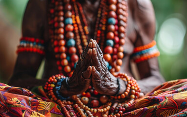 A man wearing colorful beads and a robe is praying. The beads are of different colors and sizes, and they are arranged in a way that creates a sense of harmony and balance