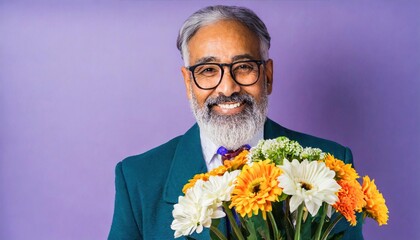 Wall Mural - Senior bearded old man wearing framed eyeglasses with a bouquet of flowers smiling at the camera