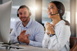 Call centre, surprise and woman with computer, winner and goal of target, milestone and achievement of customer service. Office, employee and clapping for telemarketing, sales and help desk of agency