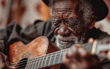 A man is playing a guitar and smiling. He is wearing a hat. Concept of happiness and joy