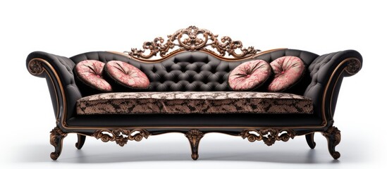 Poster - Furniture black studio couch with pink pillows on a white background