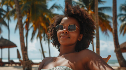 Beautiful Black woman sitting on a lounge chair on a tropical beach in Bali wearing sunglasses. A row of palm trees are behind her