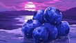   A stack of blueberries atop a sandy beach, near a tranquil body of water, beneath a violet sky