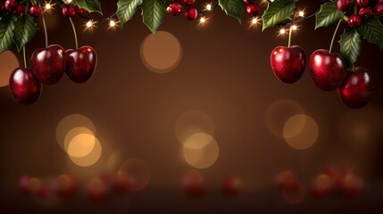 Sticker -   A branch laden with cherries and leaves against a brown backdrop, illuminated by lights